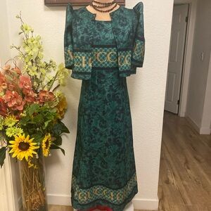 Vintage Filipiniana Emerald Green Floral Dress with Matching Bolero Fits XS S M